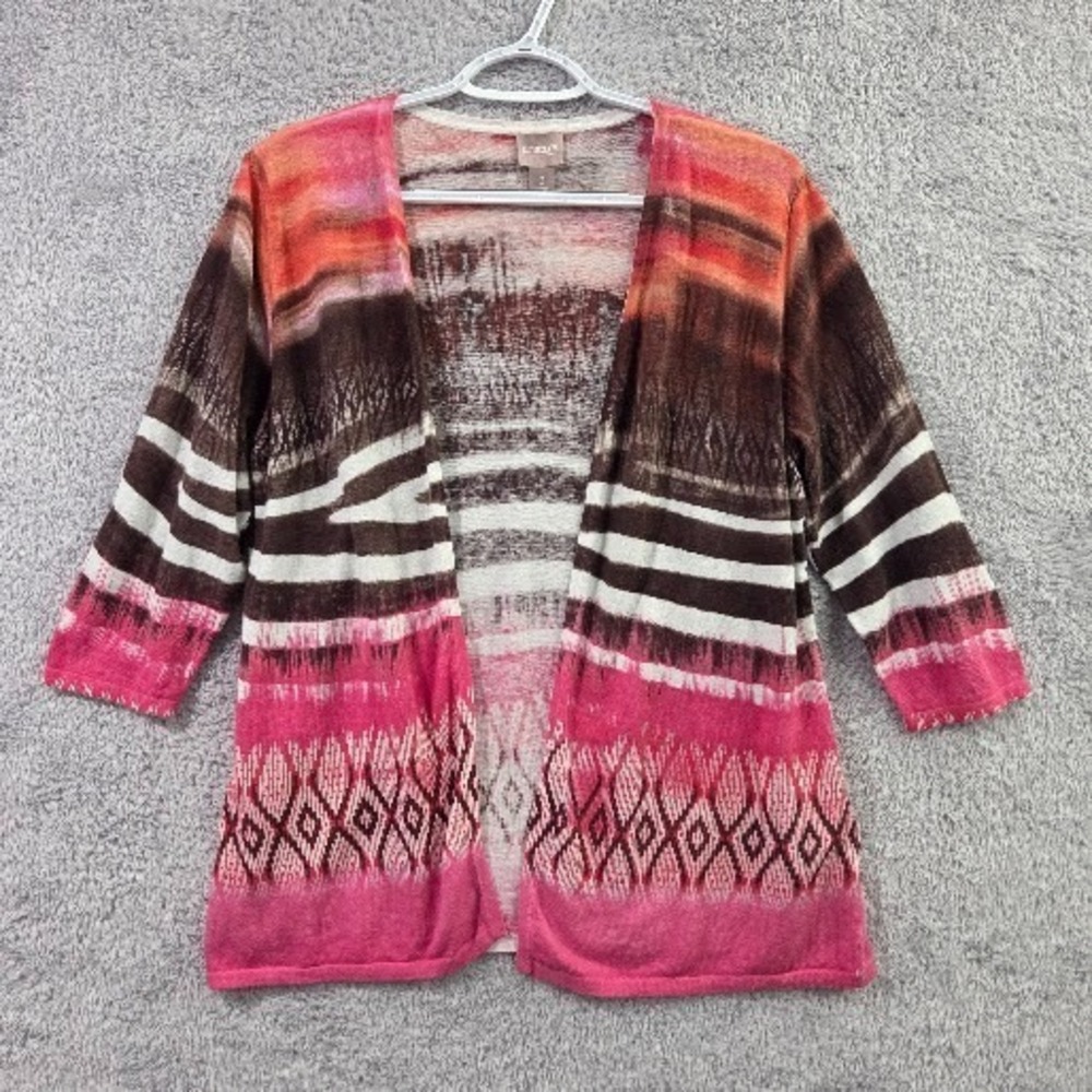 Chico's Size 2 Large Cardigan Sweater Linen Cotton Tribal Boho Open Front Pink